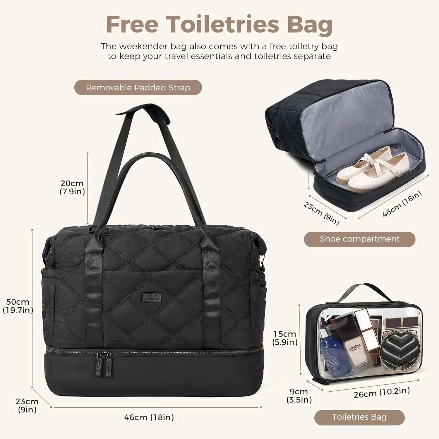 Weekender Bag for Women, Puffer Travel Duffle Bag With Shoes Compartment & Toiletry, Large Carry On Tote for Airplane, Overningt, Bussiness Trip, Gym (Black)