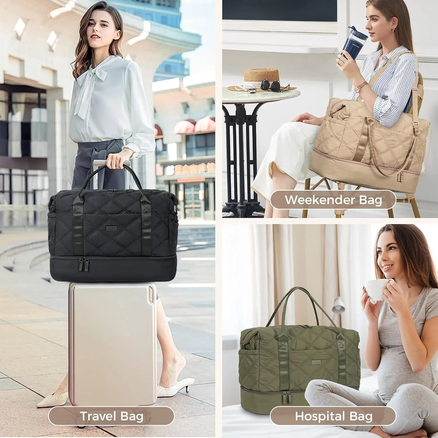 Weekender Bag for Women, Puffer Travel Duffle Bag With Shoes Compartment & Toiletry, Large Carry On Tote for Airplane, Overningt, Bussiness Trip, Gym (Black)