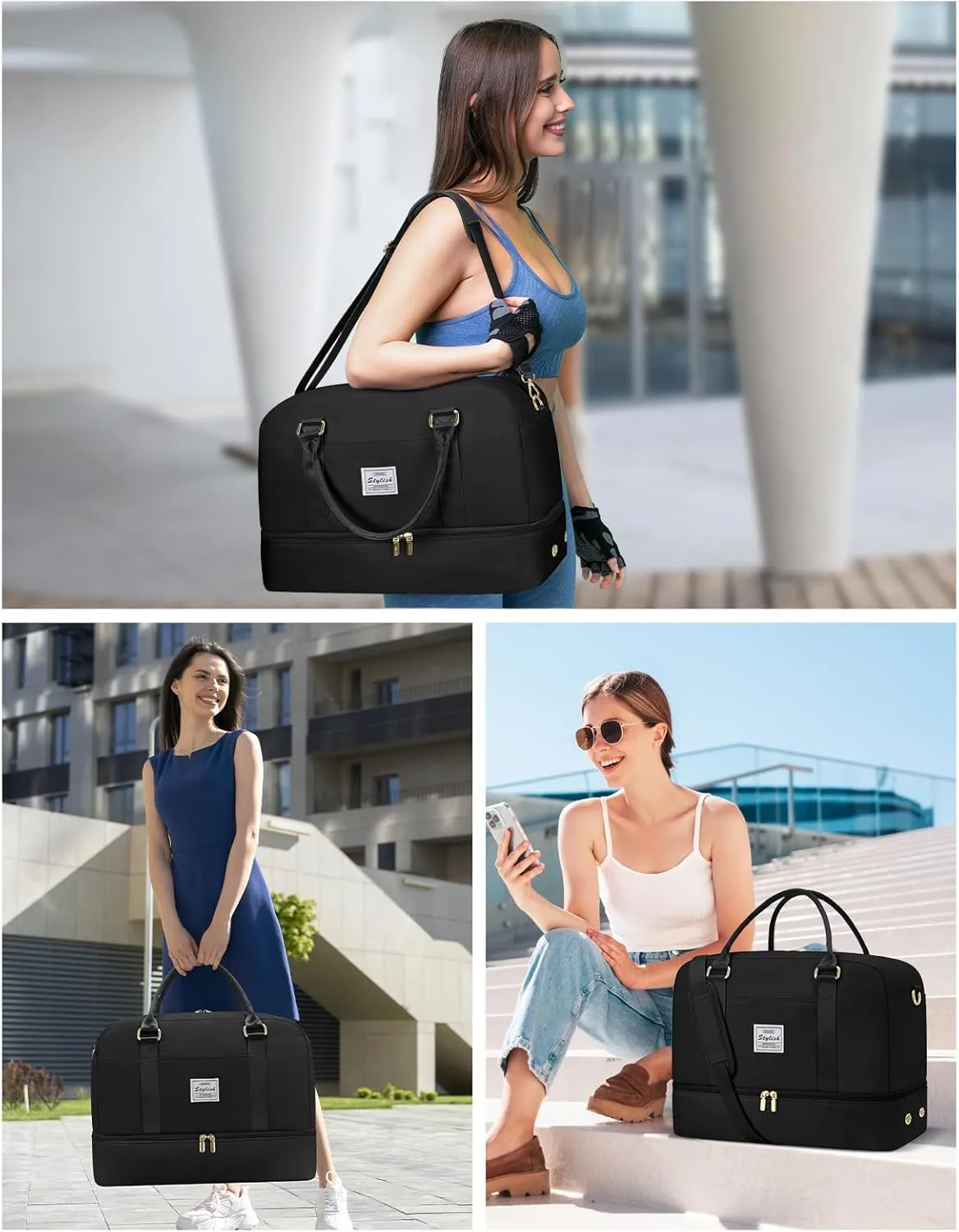 Weekender Travel Duffle Bag for Women: Overnight Bags with Shoe Compartment Carry on Bags for Airplanes with Toiletry Bag Weekend Yoga Gym Bag with Wet Pocket Travel Duffel Tote Bag Hospital Bag Black