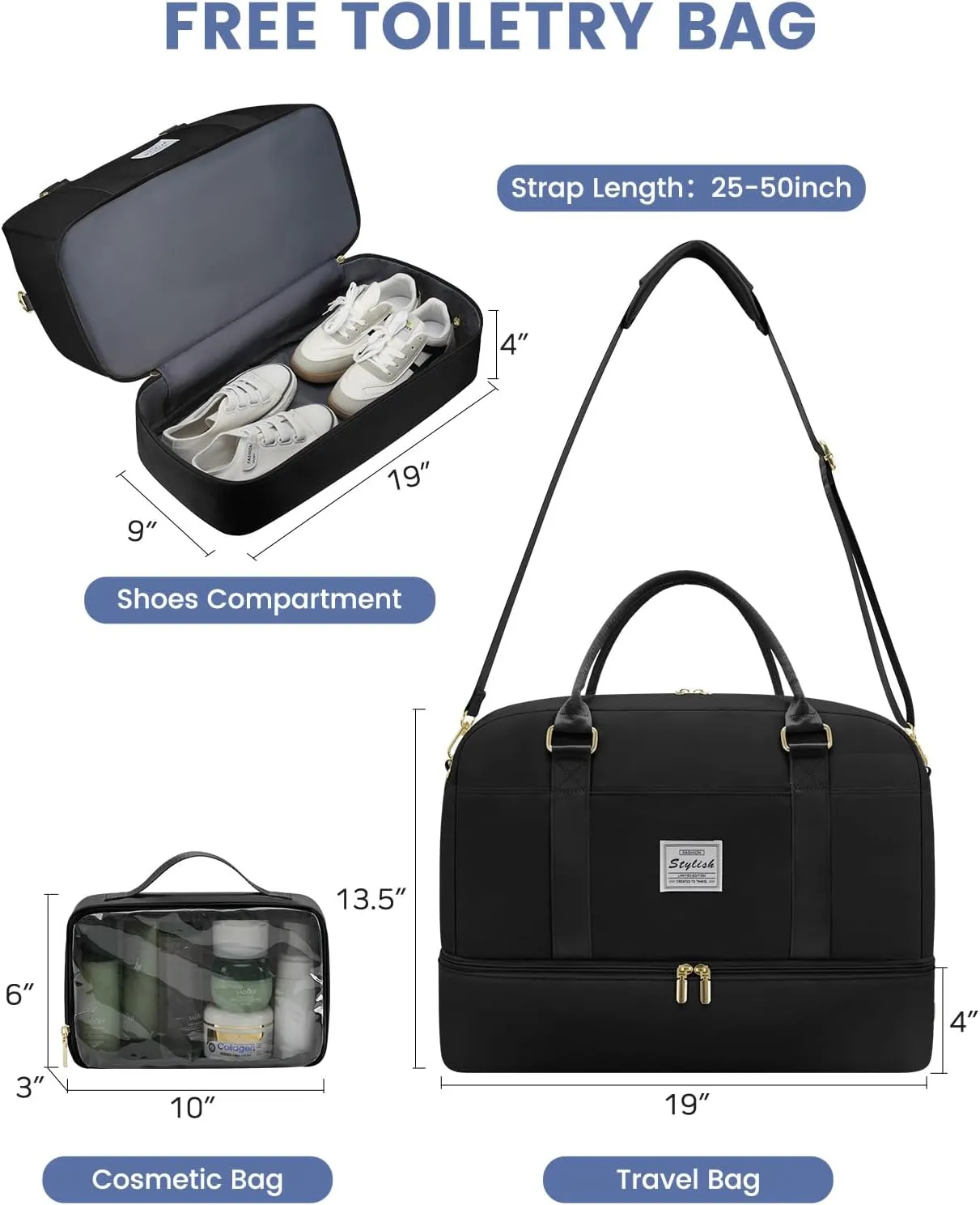 Weekender Travel Duffle Bag for Women: Overnight Bags with Shoe Compartment Carry on Bags for Airplanes with Toiletry Bag Weekend Yoga Gym Bag with Wet Pocket Travel Duffel Tote Bag Hospital Bag Black