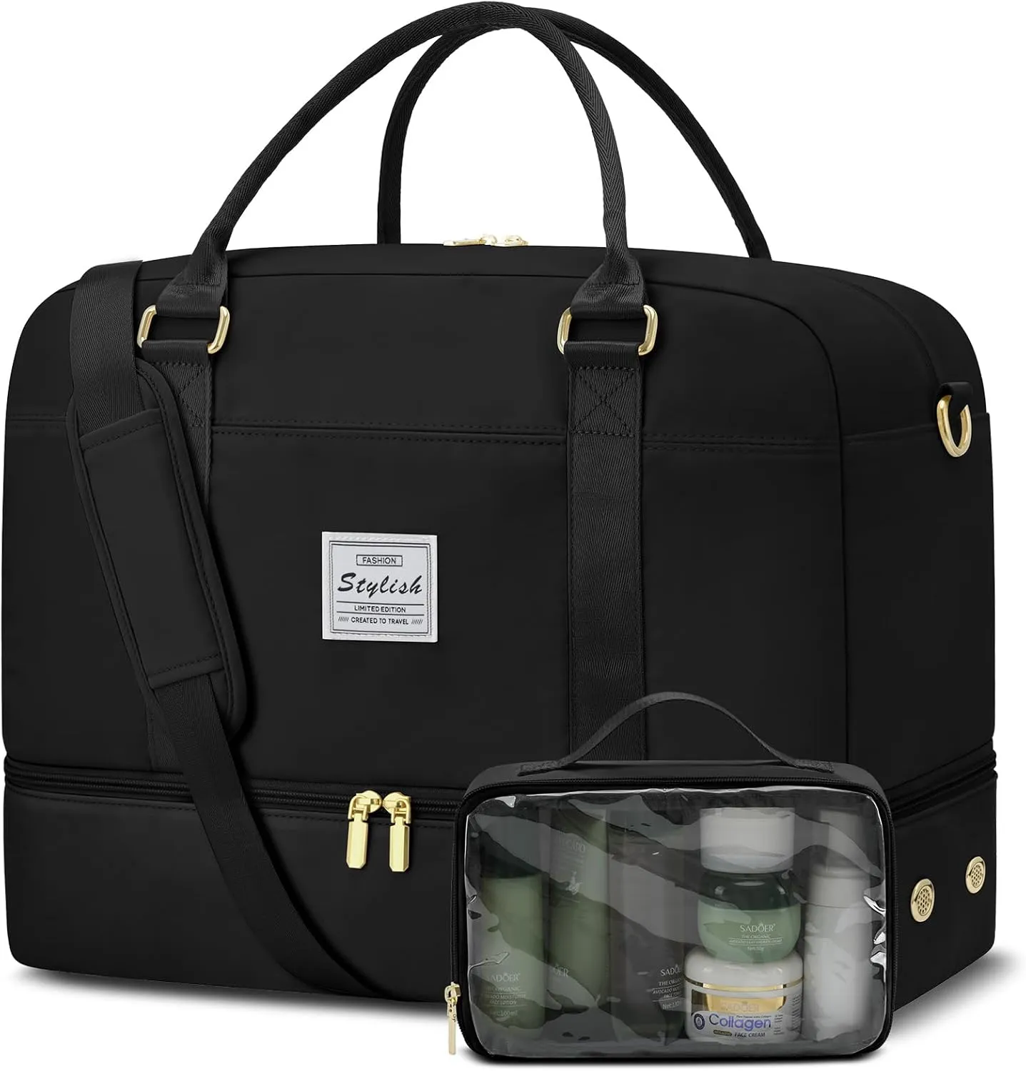 Weekender Travel Duffle Bag for Women: Overnight Bags with Shoe Compartment Carry on Bags for Airplanes with Toiletry Bag Weekend Yoga Gym Bag with Wet Pocket Travel Duffel Tote Bag Hospital Bag Black