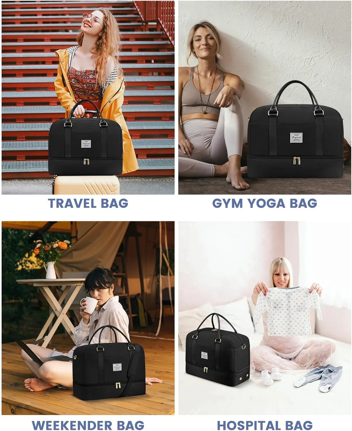 Weekender Travel Duffle Bag for Women: Overnight Bags with Shoe Compartment Carry on Bags for Airplanes with Toiletry Bag Weekend Yoga Gym Bag with Wet Pocket Travel Duffel Tote Bag Hospital Bag Black