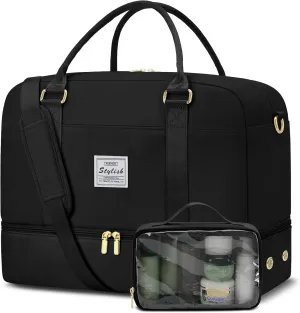 Weekender Travel Duffle Bag for Women: Overnight Bags with Shoe Compartment Carry on Bags for Airplanes with Toiletry Bag Weekend Yoga Gym Bag with Wet Pocket Travel Duffel Tote Bag Hospital Bag Black