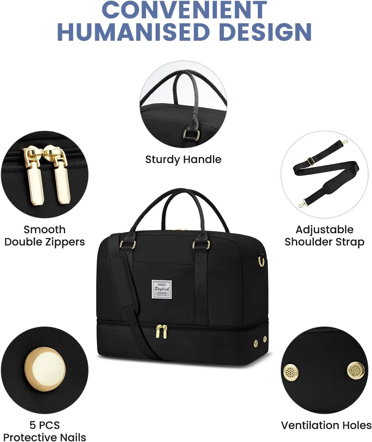 Weekender Travel Duffle Bag for Women: Overnight Bags with Shoe Compartment Carry on Bags for Airplanes with Toiletry Bag Weekend Yoga Gym Bag with Wet Pocket Travel Duffel Tote Bag Hospital Bag Black