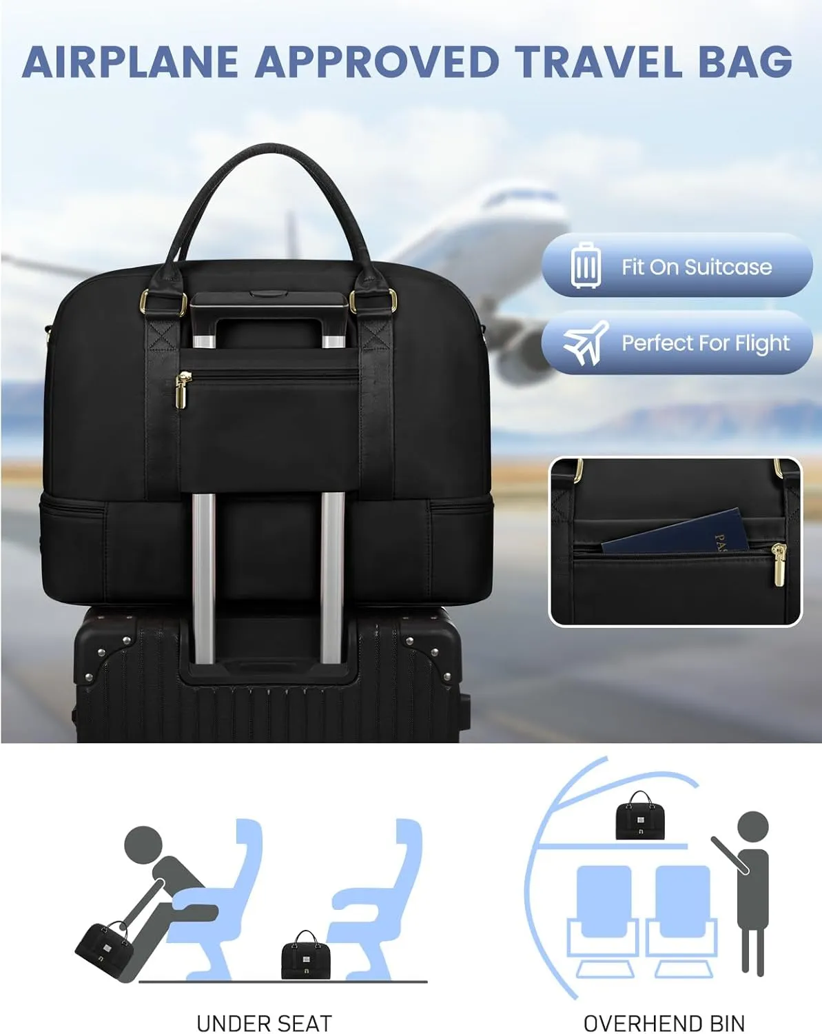 Weekender Travel Duffle Bag for Women: Overnight Bags with Shoe Compartment Carry on Bags for Airplanes with Toiletry Bag Weekend Yoga Gym Bag with Wet Pocket Travel Duffel Tote Bag Hospital Bag Black