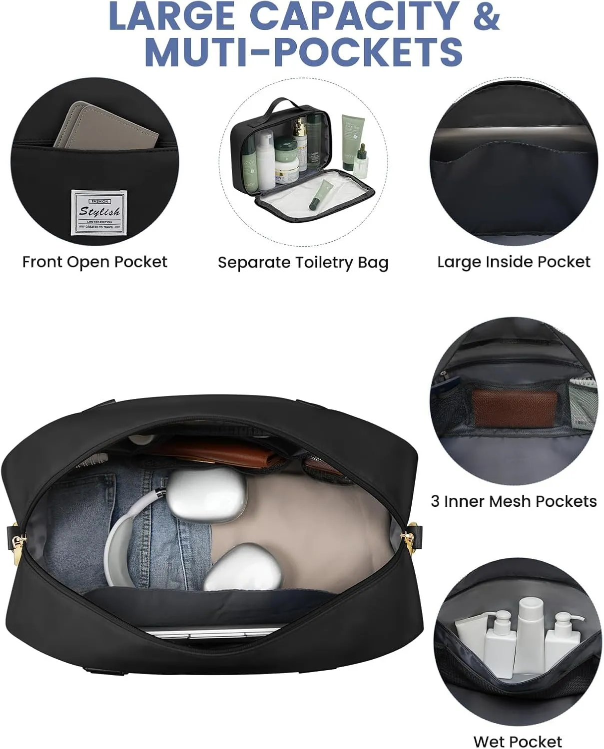 Weekender Travel Duffle Bag for Women: Overnight Bags with Shoe Compartment Carry on Bags for Airplanes with Toiletry Bag Weekend Yoga Gym Bag with Wet Pocket Travel Duffel Tote Bag Hospital Bag Black