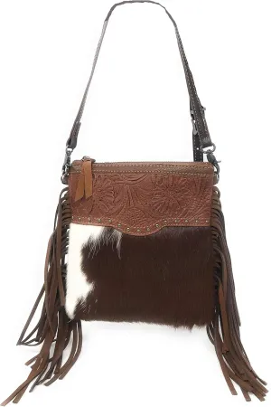 Western Genuine Tooled Leather Cowhide Fur Fringe Women's Crossbody Chain Bag/Purse