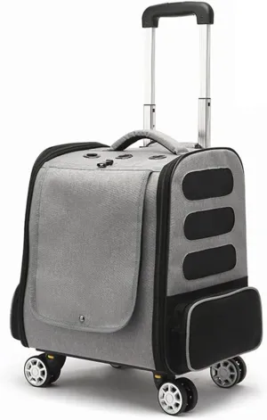 Wheeled Pet Travel Bag, Cat/Dog Backpack Harness Breathable Pet Travel Backpack Foldable Pet Travel Trolley Dog Transport Crate Cat Crate Bag Bag with Pockets (Gray
