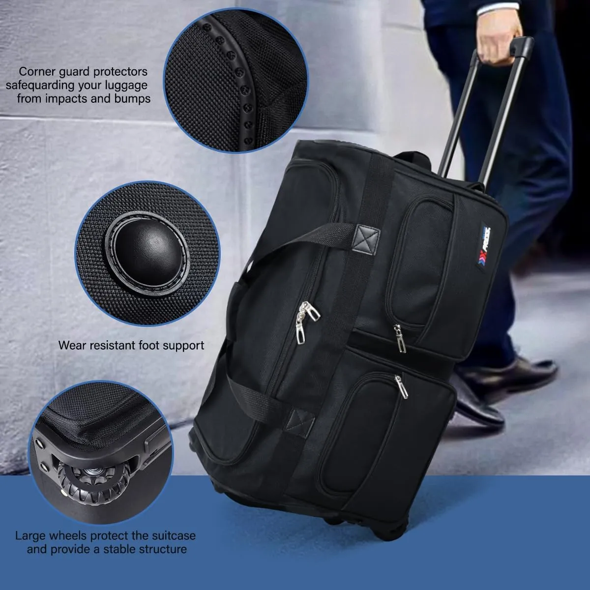 Wheeled Rolling Duffel Bag,All Black Travel Duffle Bag with Handle,36 inches