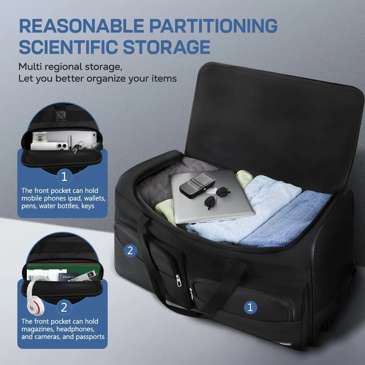 Wheeled Rolling Duffel Bag,All Black Travel Duffle Bag with Handle,36 inches