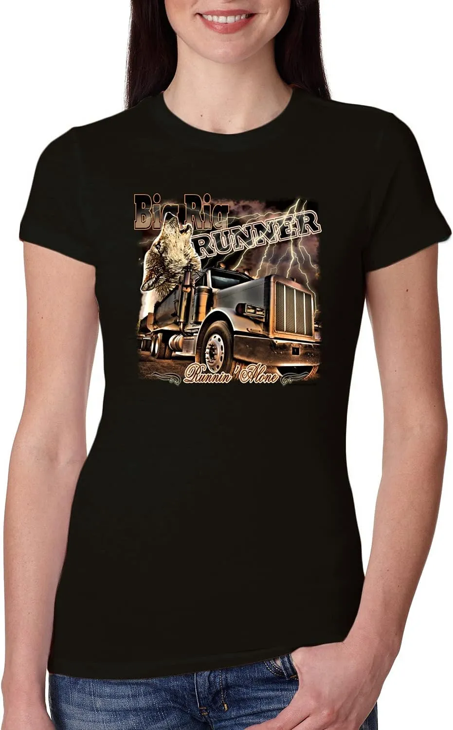 Wild Bobby Big Rig Runner Trailer Truck Runnin Alone Cars and Trucks Womens Slim Fit Junior Tee