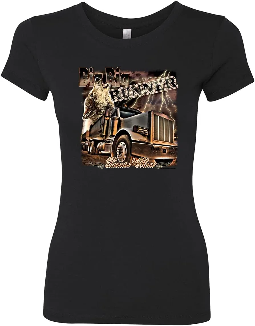 Wild Bobby Big Rig Runner Trailer Truck Runnin Alone Cars and Trucks Womens Slim Fit Junior Tee