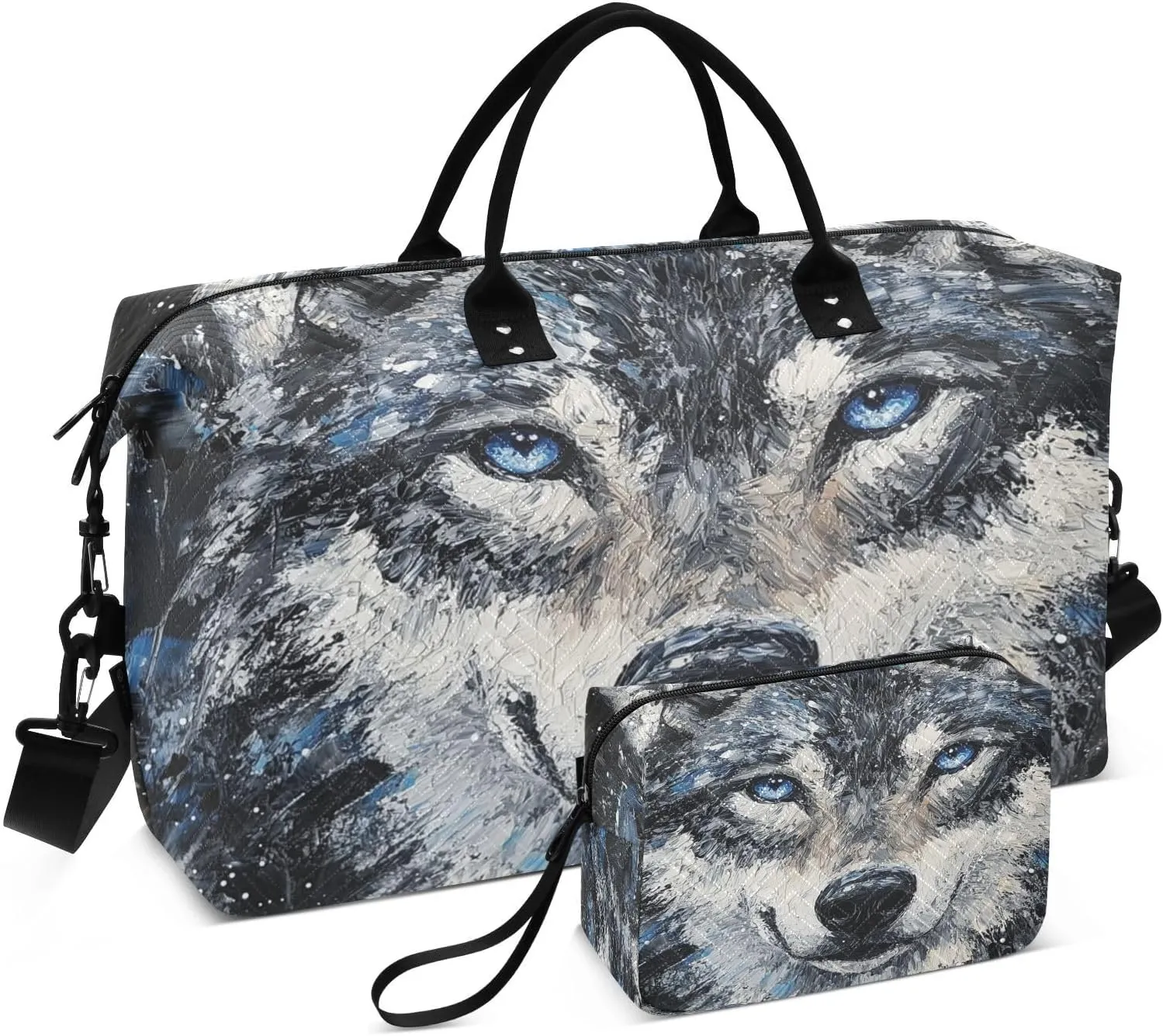 Wolf Painting Eyes Blue Travel Duffel Bag with Toiletry Bag Weekender Bag for Carry on Sports Gym Bag for Hospital Shopping