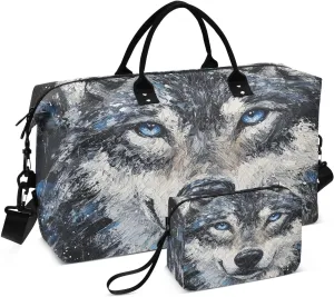 Wolf Painting Eyes Blue Travel Duffel Bag with Toiletry Bag Weekender Bag for Carry on Sports Gym Bag for Hospital Shopping