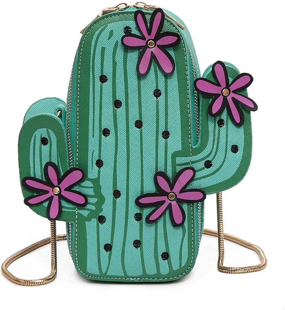Women Cactus Shape PU Leather Mini Cross Body Bag Cute Purses Shoulder Chain Bag