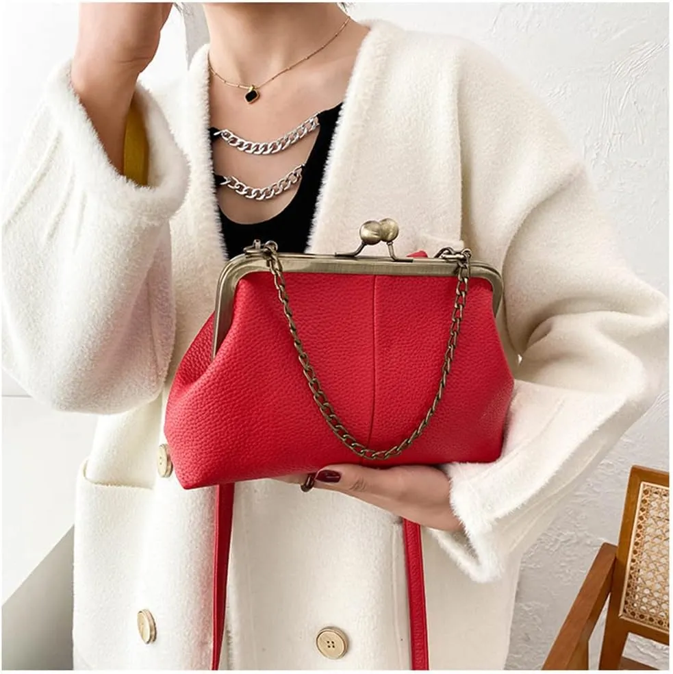 Women Kiss Lock Tote Handbag Classical Retro Shoulder Purses Chain Strap Clutch
