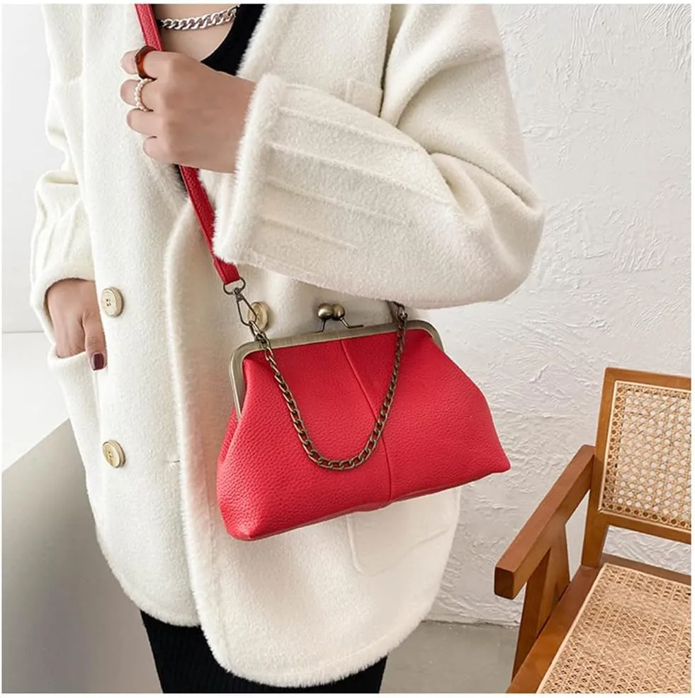 Women Kiss Lock Tote Handbag Classical Retro Shoulder Purses Chain Strap Clutch