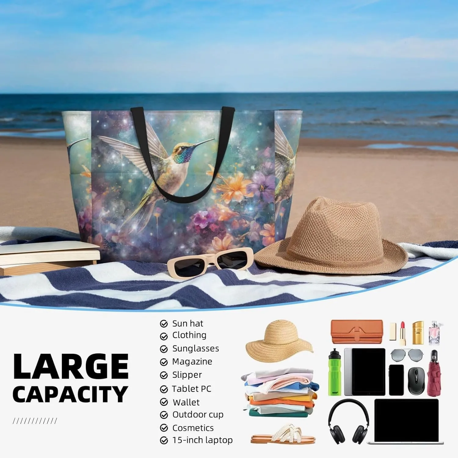 Women Large Beach Bag Travel Weekender Foldable Tote Bag for Pool Beach Vacation Gym