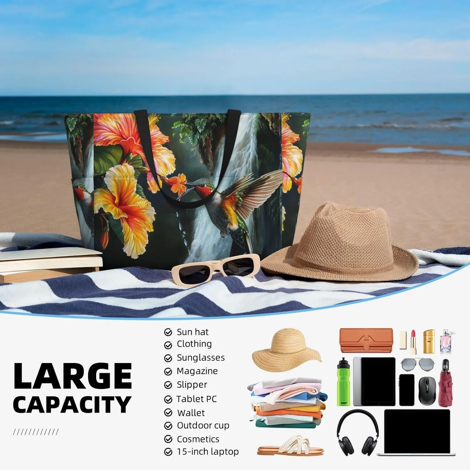 Women Large Beach Bag Travel Weekender Foldable Tote Bag for Pool Beach Vacation Gym