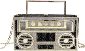 Women Retro Radio Shape Crossbody Bag Rhinestone Metal Vintage Evening Clutch Purses