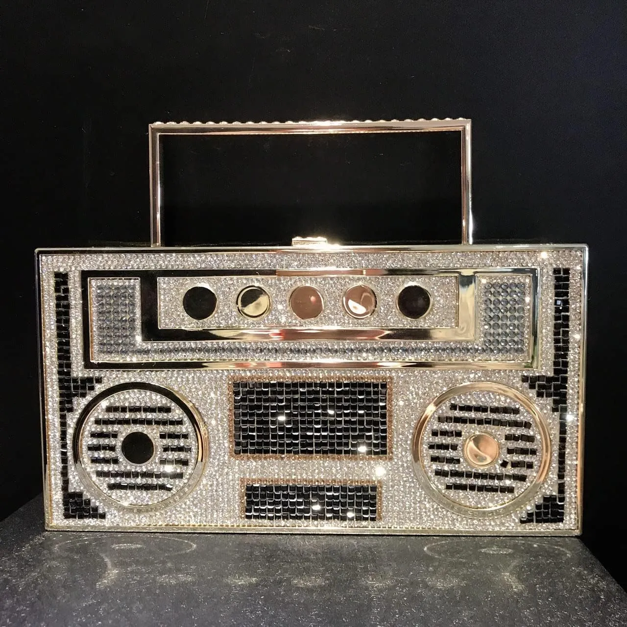 Women Retro Radio Shape Crossbody Bag Rhinestone Metal Vintage Evening Clutch Purses