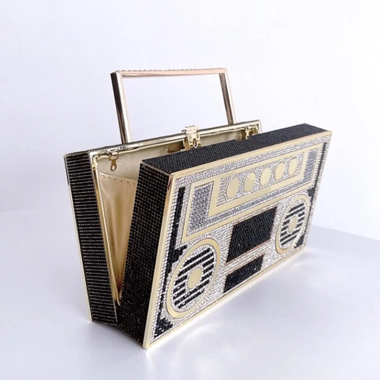 Women Retro Radio Shape Crossbody Bag Rhinestone Metal Vintage Evening Clutch Purses