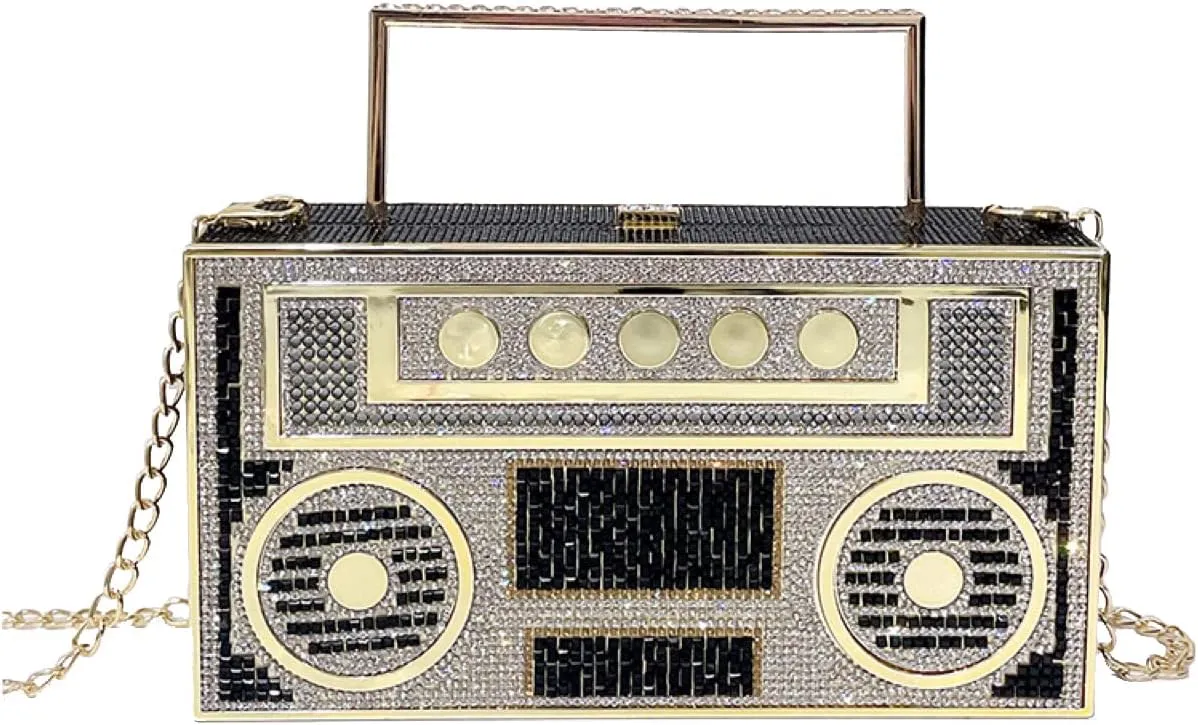 Women Retro Radio Shape Crossbody Bag Rhinestone Metal Vintage Evening Clutch Purses