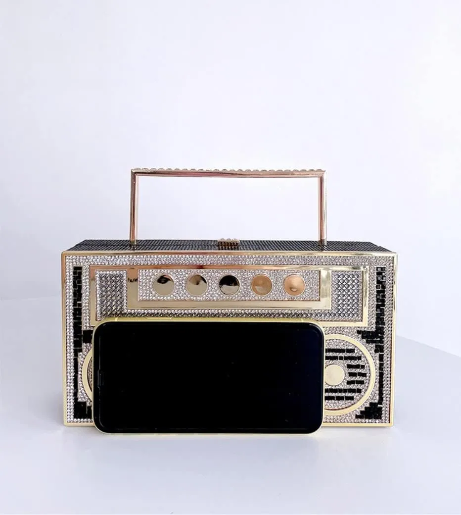 Women Retro Radio Shape Crossbody Bag Rhinestone Metal Vintage Evening Clutch Purses