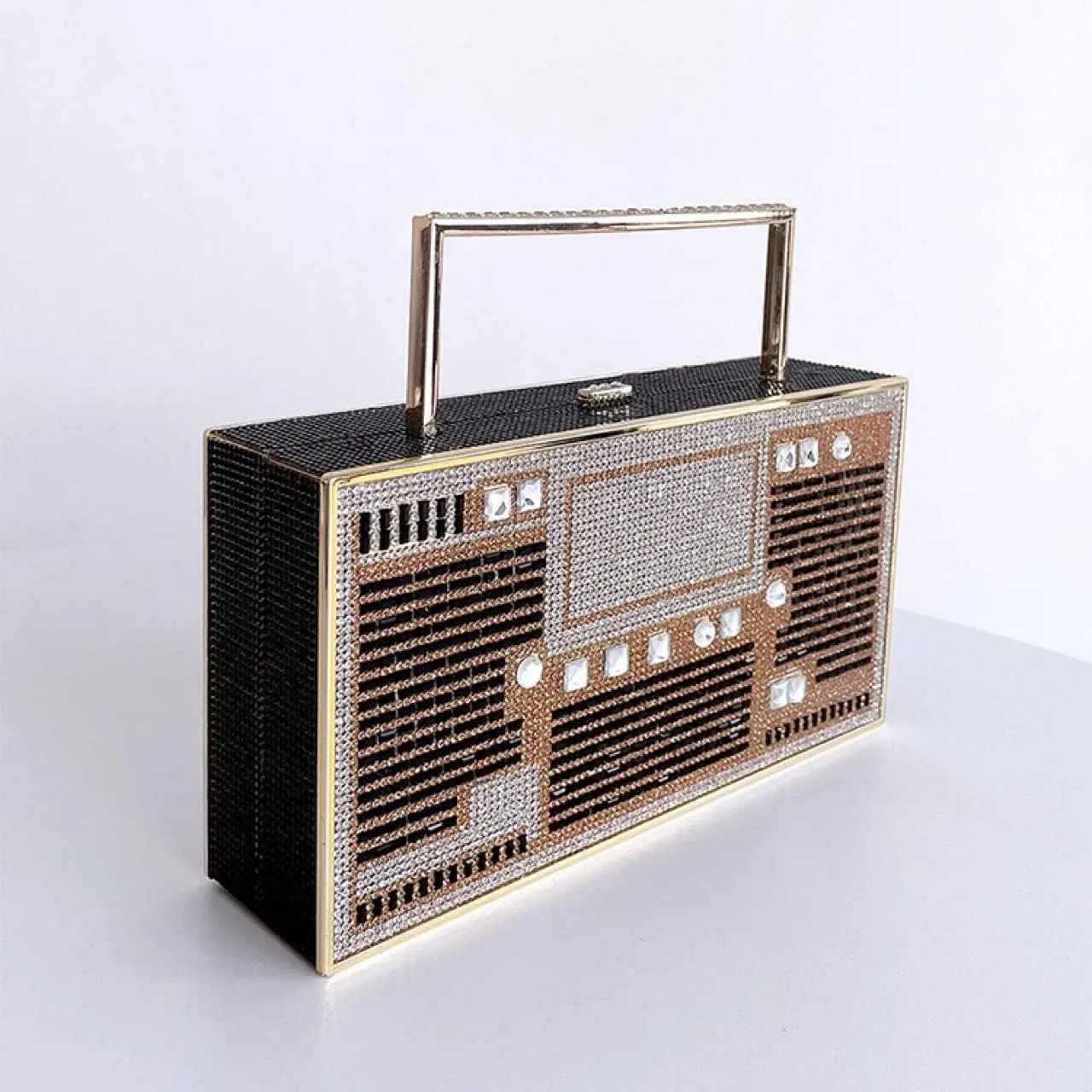Women Retro Radio Shape Crossbody Bag Rhinestone Metal Vintage Evening Clutch Purses