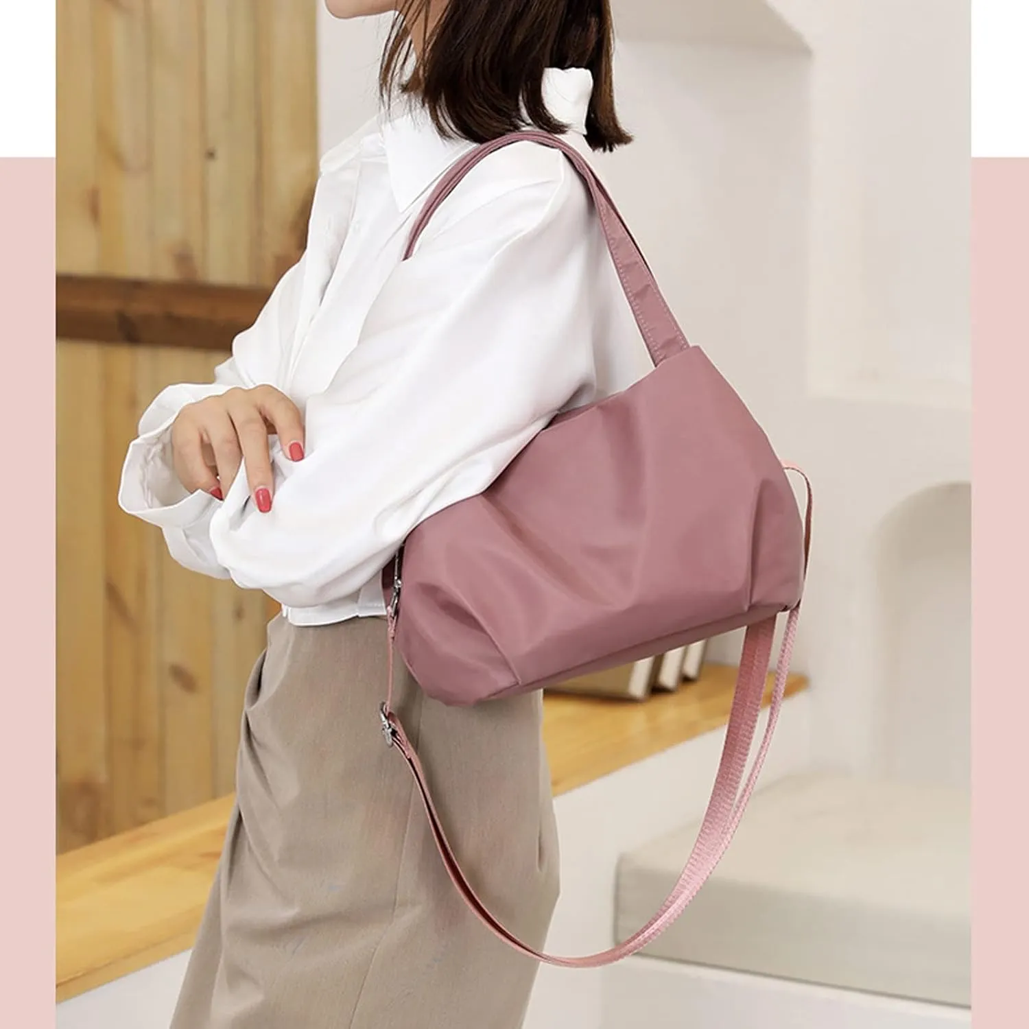 Women's Bag Shoulder Bag Dumpling Bag College Style Folding Messenger Bag Women's Large Capacity (Flesh Pink)
