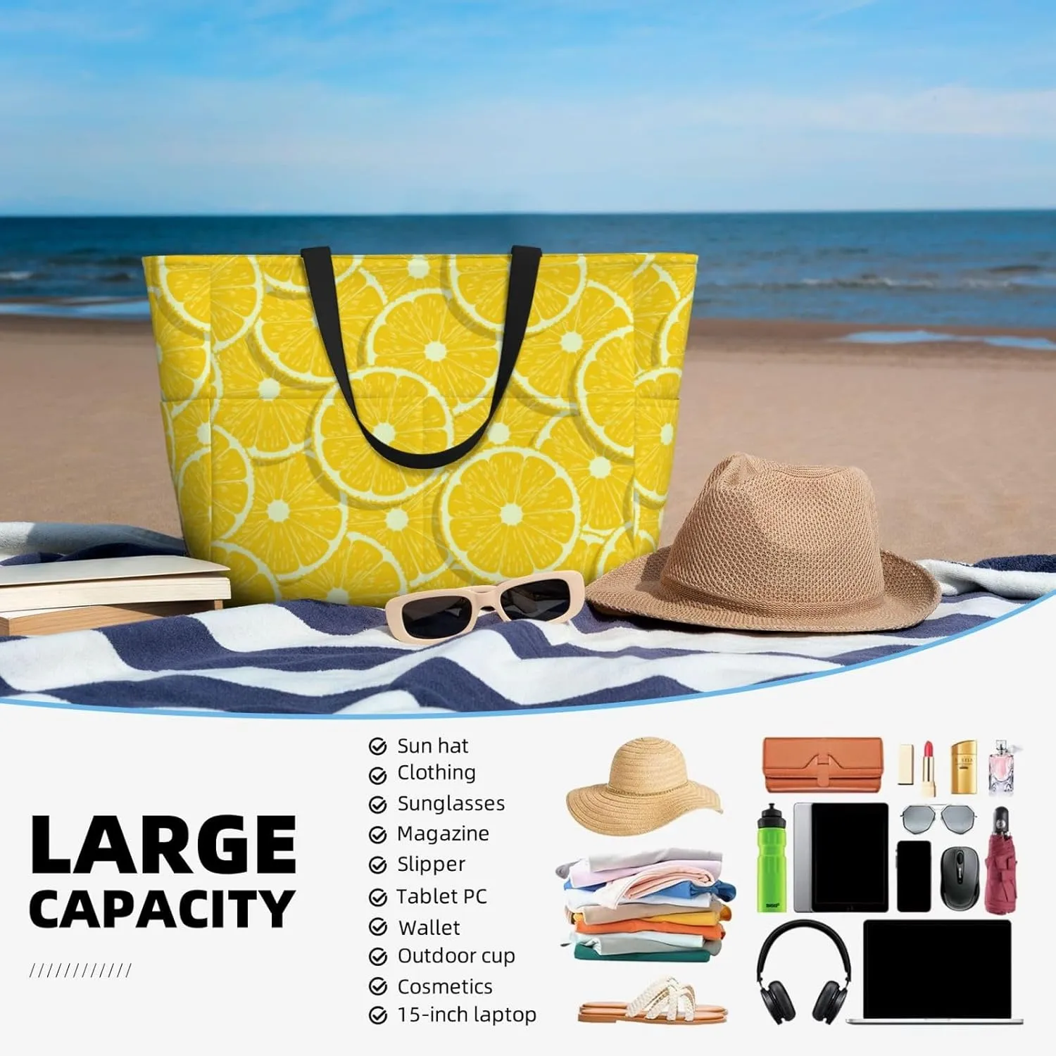 Women's Beach Tote Bag Large Waterproof Travel Bags with Pockets Sandproof Handbag for Camping Gym Pool