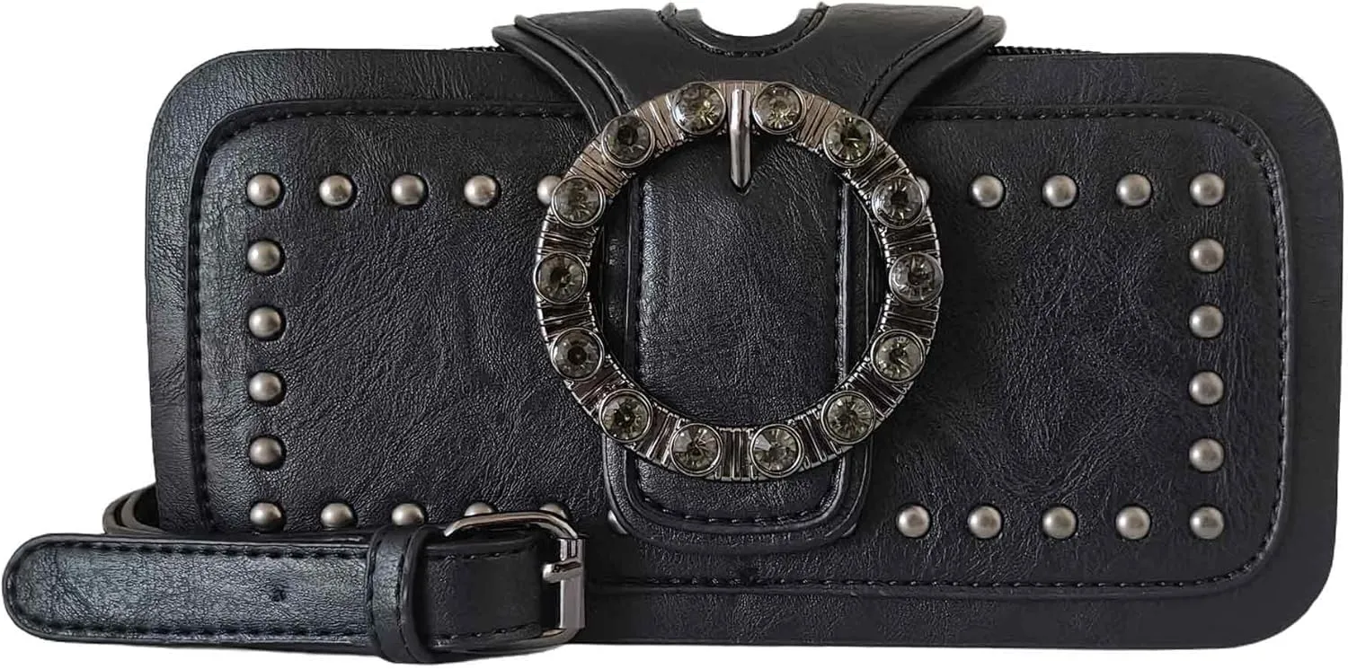Women's Small Black Studded Faux Leather Crossbody Purses Clutch Wallet with Crystal Ring Buckle & Chain Strap