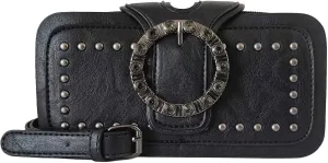 Women's Small Black Studded Faux Leather Crossbody Purses Clutch Wallet with Crystal Ring Buckle & Chain Strap