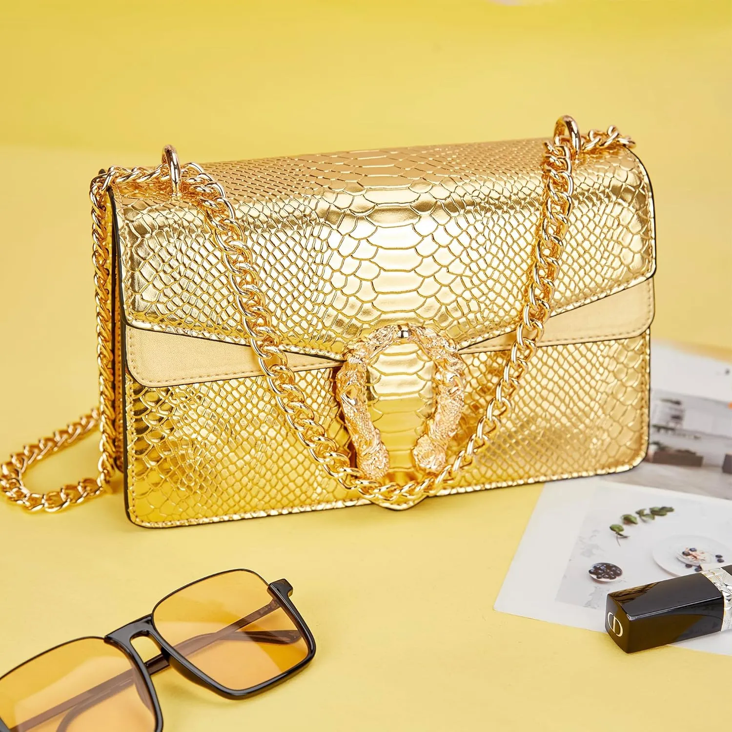 Women's Snake Print Crossbody Shoulder Bag PU Leather Satchel Chain Purse Evening Clutch Handbag