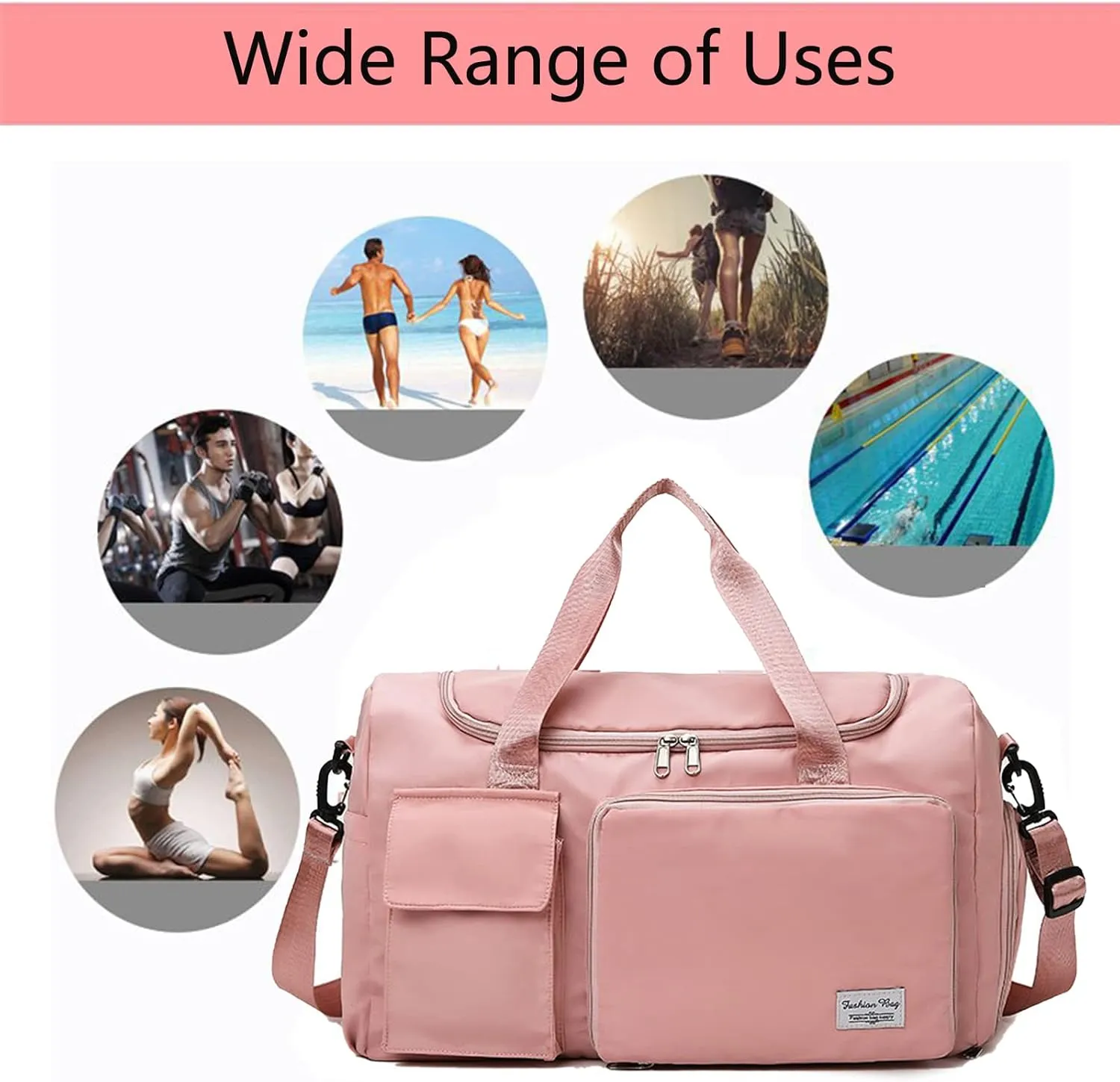 Womens Travel Bag Duffel Bag, Lightweight Double Shoulder Strap&Capacity Sports Tote Gym Bag,Weekender Overnight Bag with Wet Pocket for Women (Pink)