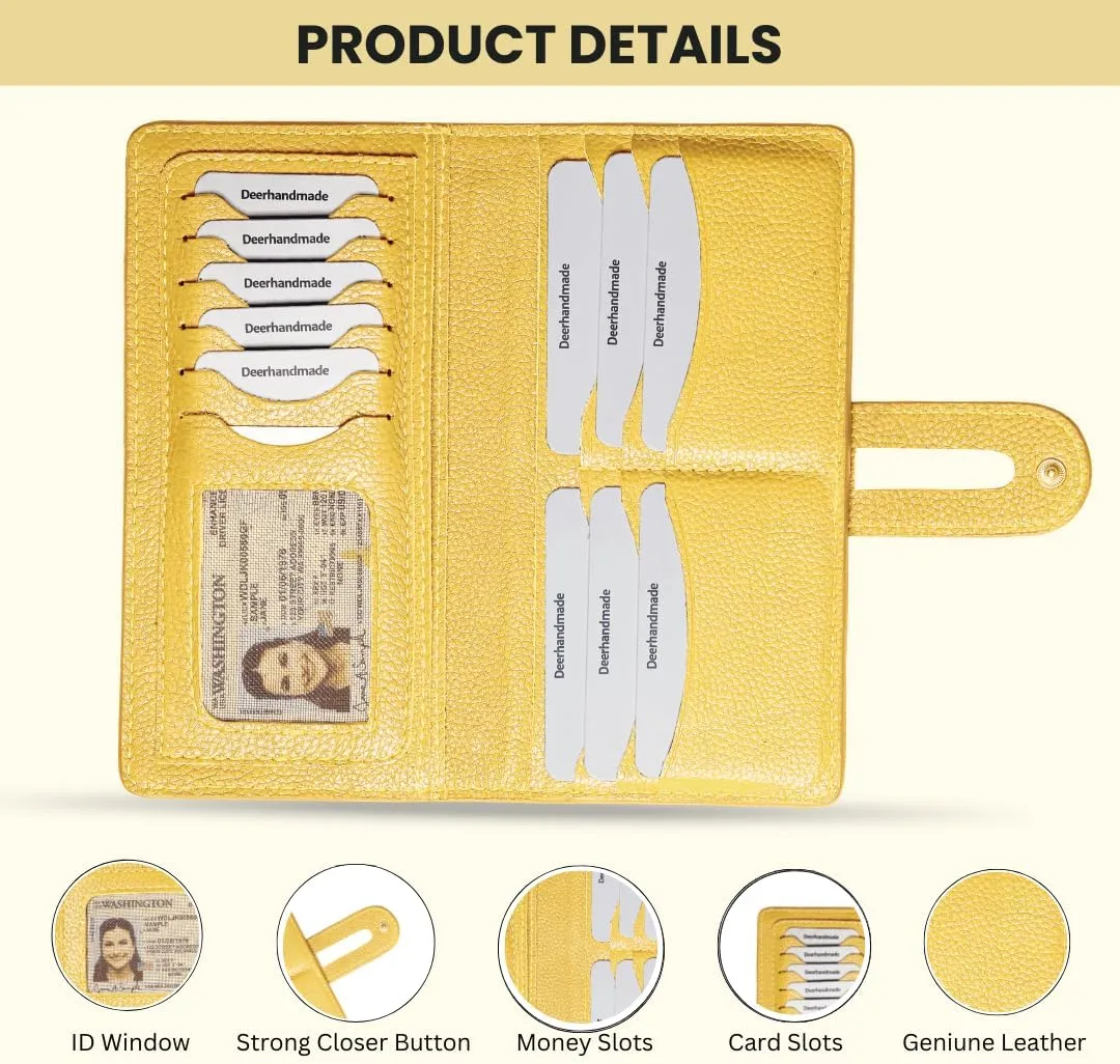 womens wallet (Holds 15-18 Cards, 4 Flat Pockets, 1 ID Windows) Genuine Leather clutch purses for women | Slim long wallets for women | rfid blocking wallet (yellow wallet)
