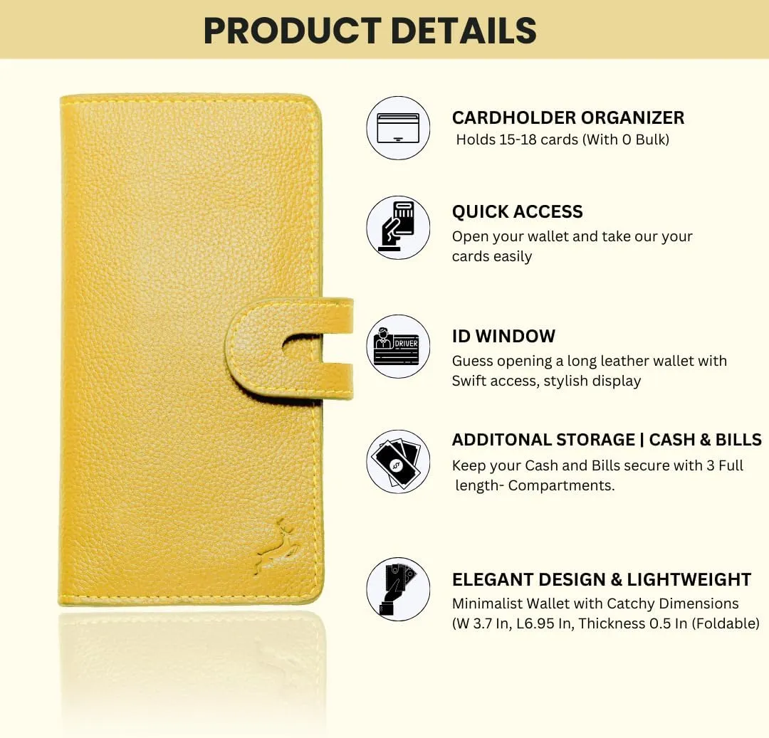 womens wallet (Holds 15-18 Cards, 4 Flat Pockets, 1 ID Windows) Genuine Leather clutch purses for women | Slim long wallets for women | rfid blocking wallet (yellow wallet)