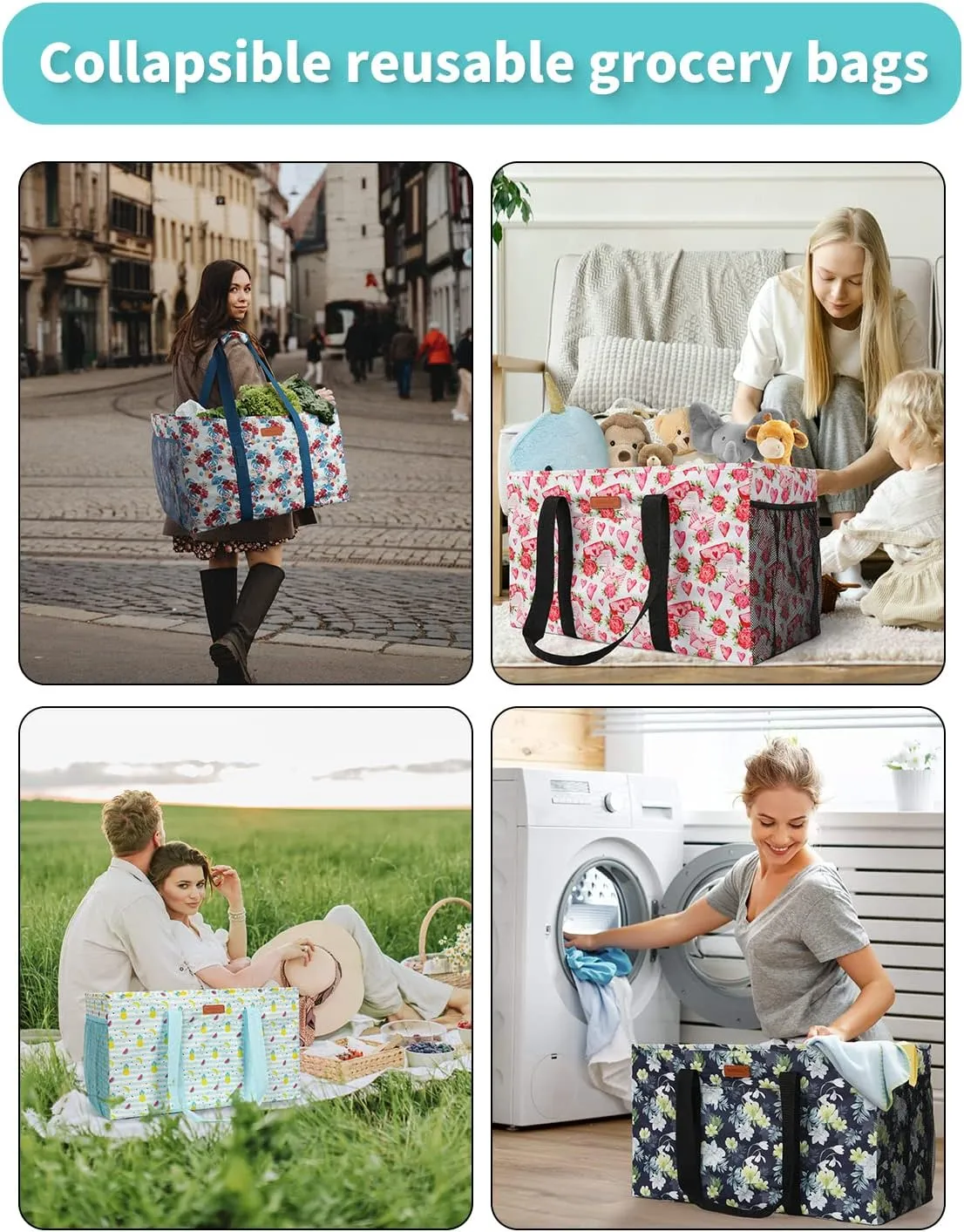 WONDAY Extra Large Reusable Grocery Bag Carrier with Handle, Thirty One Utility Tote Foldable for Shopping and Beach