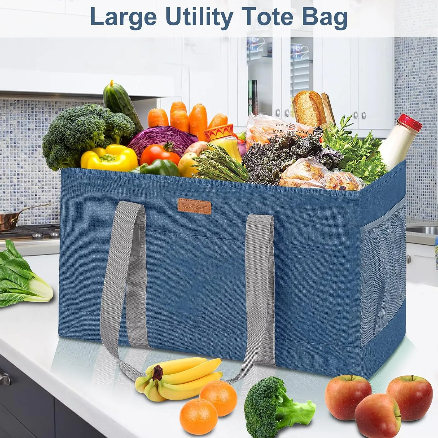 WONDAY Utility Tote Bag, Extra Large Tote Bag, Kitchen Reusable Grocery Bags, Utility Tote Shopping Bags for Groceries, Storage, Picnic, Beach, Laundry, Pool (DarkBlue)