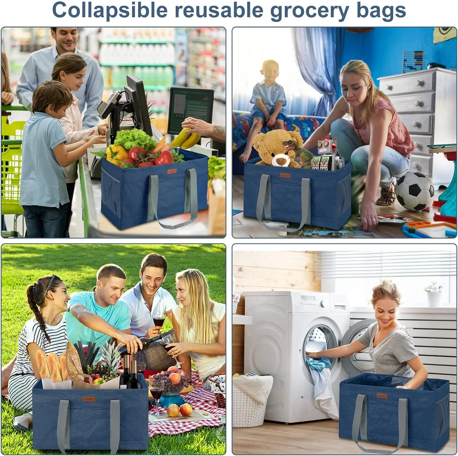 WONDAY Utility Tote Bag, Extra Large Tote Bag, Kitchen Reusable Grocery Bags, Utility Tote Shopping Bags for Groceries, Storage, Picnic, Beach, Laundry, Pool (DarkBlue)