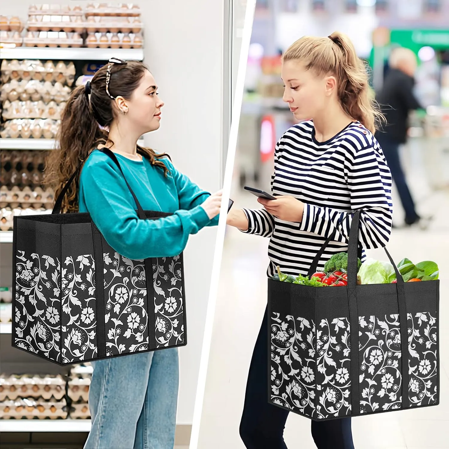WOWBOX Reusable Grocery Bags Foldable Tote Bags bulk with Reinforced Handles Shopping Bags for Groceries Heavy Duty Large bags Kitchen Reusable Grocery Bags with Waterproof Coating 6-Pack, Black