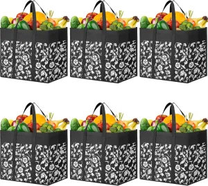 WOWBOX Reusable Grocery Bags Foldable Tote Bags bulk with Reinforced Handles Shopping Bags for Groceries Heavy Duty Large bags Kitchen Reusable Grocery Bags with Waterproof Coating 6-Pack, Black