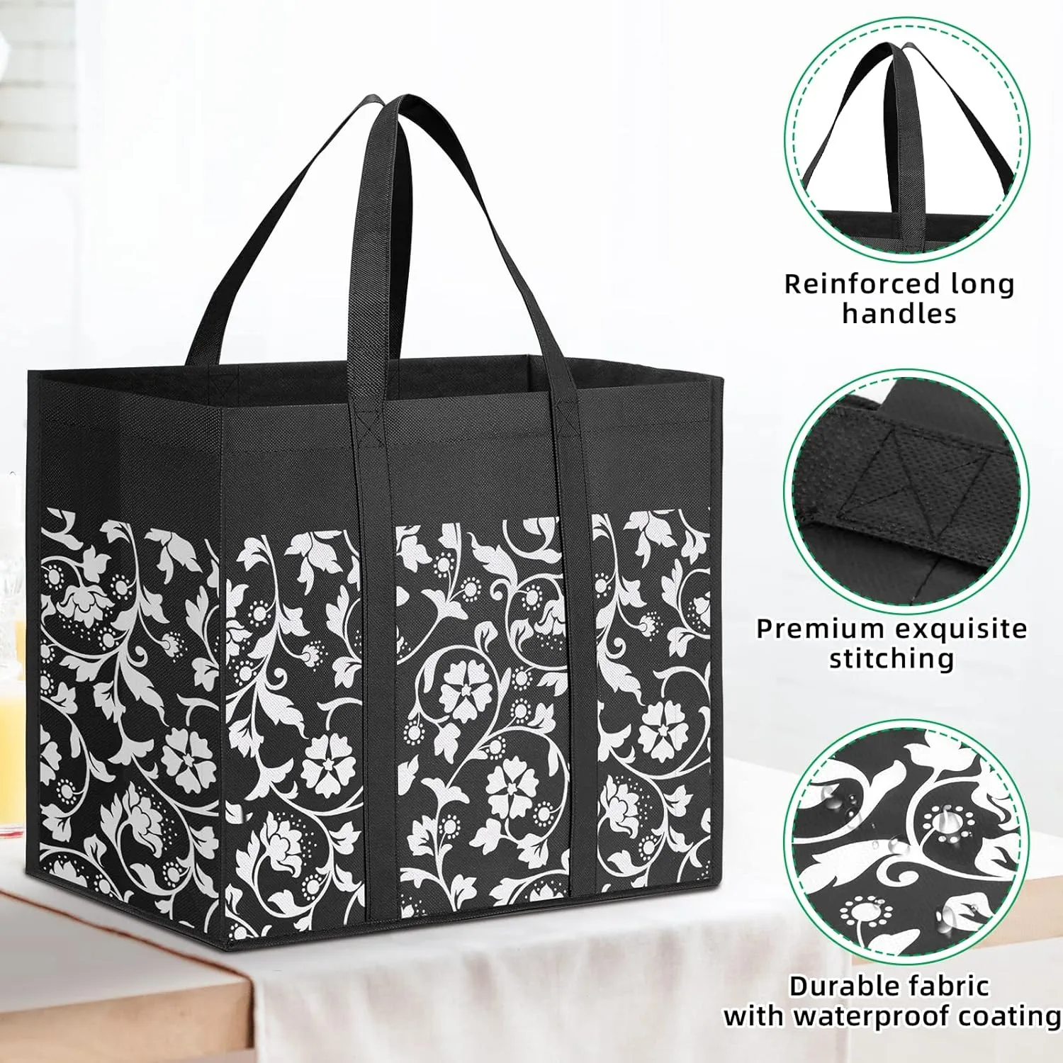 WOWBOX Reusable Grocery Bags Foldable Tote Bags bulk with Reinforced Handles Shopping Bags for Groceries Heavy Duty Large bags Kitchen Reusable Grocery Bags with Waterproof Coating 6-Pack, Black