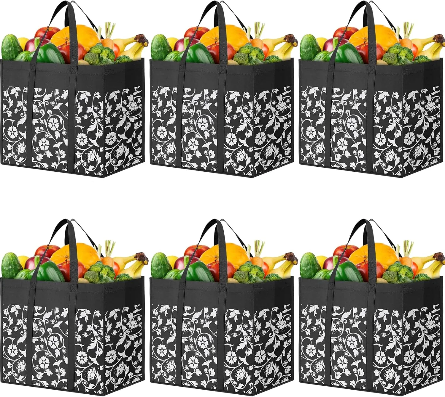 WOWBOX Reusable Grocery Bags Foldable Tote Bags bulk with Reinforced Handles Shopping Bags for Groceries Heavy Duty Large bags Kitchen Reusable Grocery Bags with Waterproof Coating 6-Pack, Black