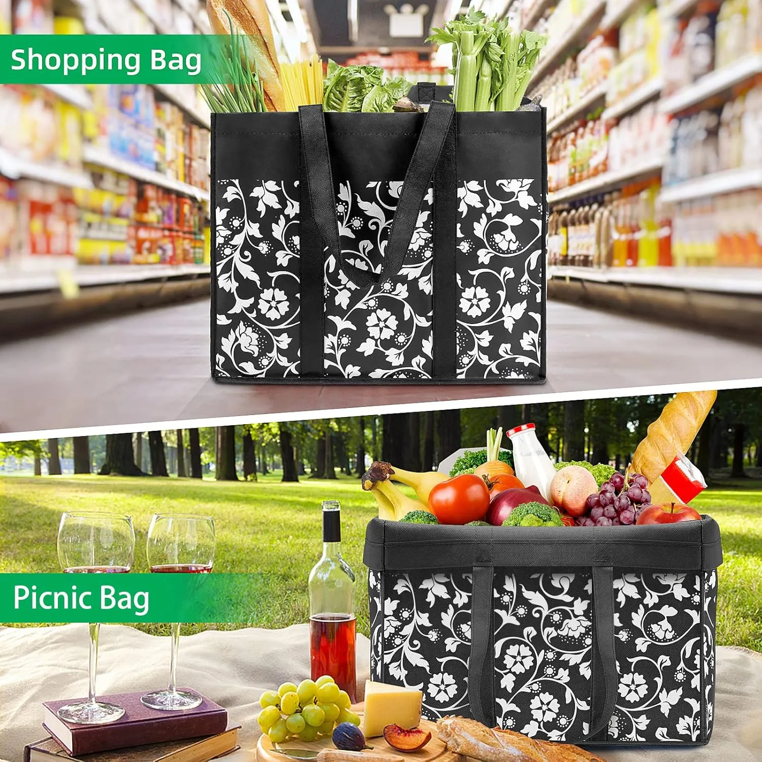 WOWBOX Reusable Grocery Bags Foldable Tote Bags bulk with Reinforced Handles Shopping Bags for Groceries Heavy Duty Large bags Kitchen Reusable Grocery Bags with Waterproof Coating 6-Pack, Black