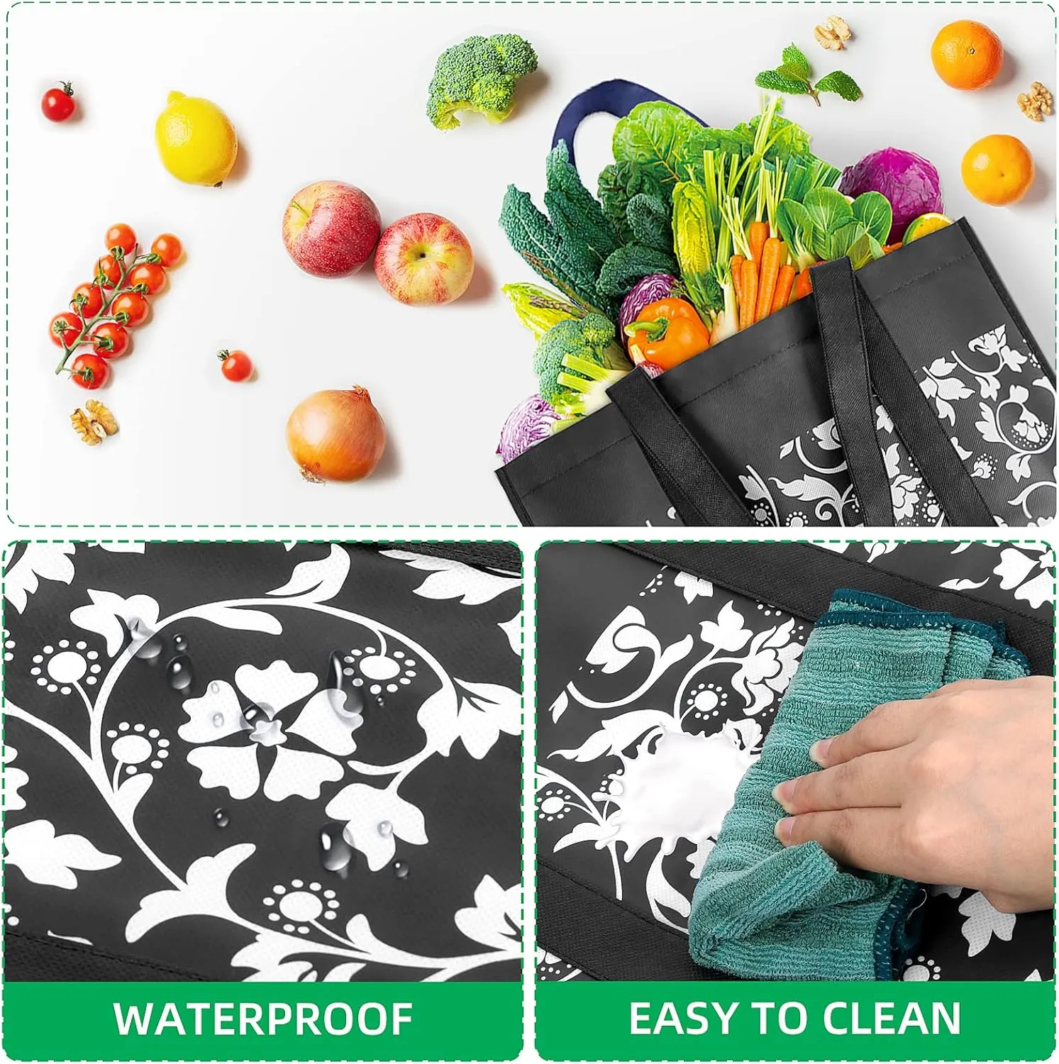 WOWBOX Reusable Grocery Bags Foldable Tote Bags bulk with Reinforced Handles Shopping Bags for Groceries Heavy Duty Large bags Kitchen Reusable Grocery Bags with Waterproof Coating 6-Pack, Black