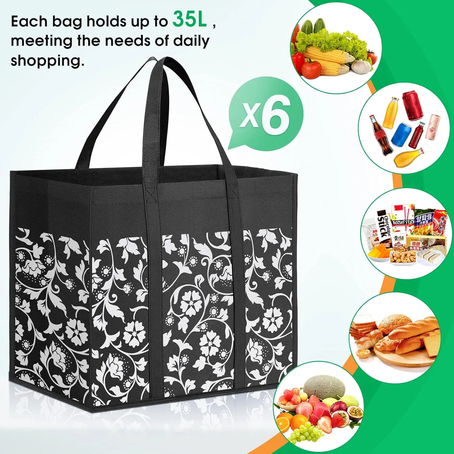 WOWBOX Reusable Grocery Bags Foldable Tote Bags bulk with Reinforced Handles Shopping Bags for Groceries Heavy Duty Large bags Kitchen Reusable Grocery Bags with Waterproof Coating 6-Pack, Black