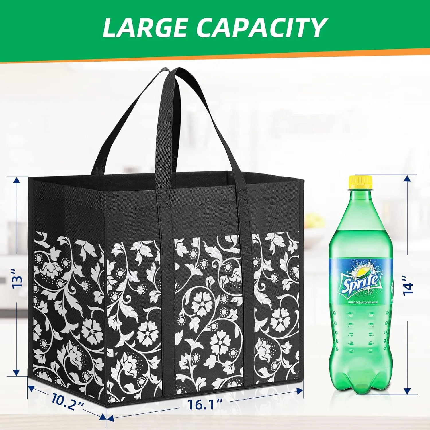 WOWBOX Reusable Grocery Bags Foldable Tote Bags bulk with Reinforced Handles Shopping Bags for Groceries Heavy Duty Large bags Kitchen Reusable Grocery Bags with Waterproof Coating 6-Pack, Black