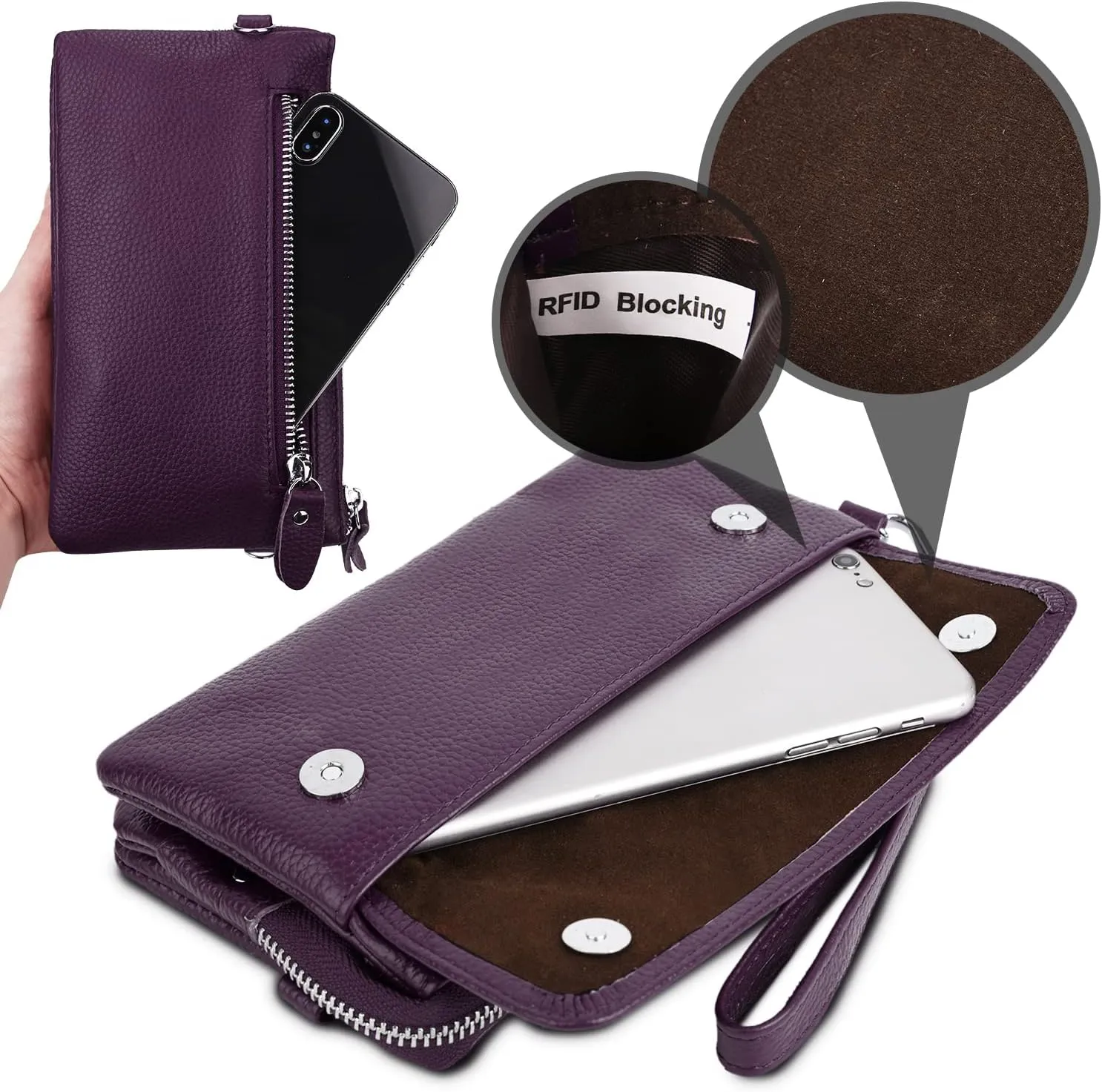 YALUXE Real Leather Wristlet Clutch Handbag Crossbody Bag Cellphone Purse RFID Blocking