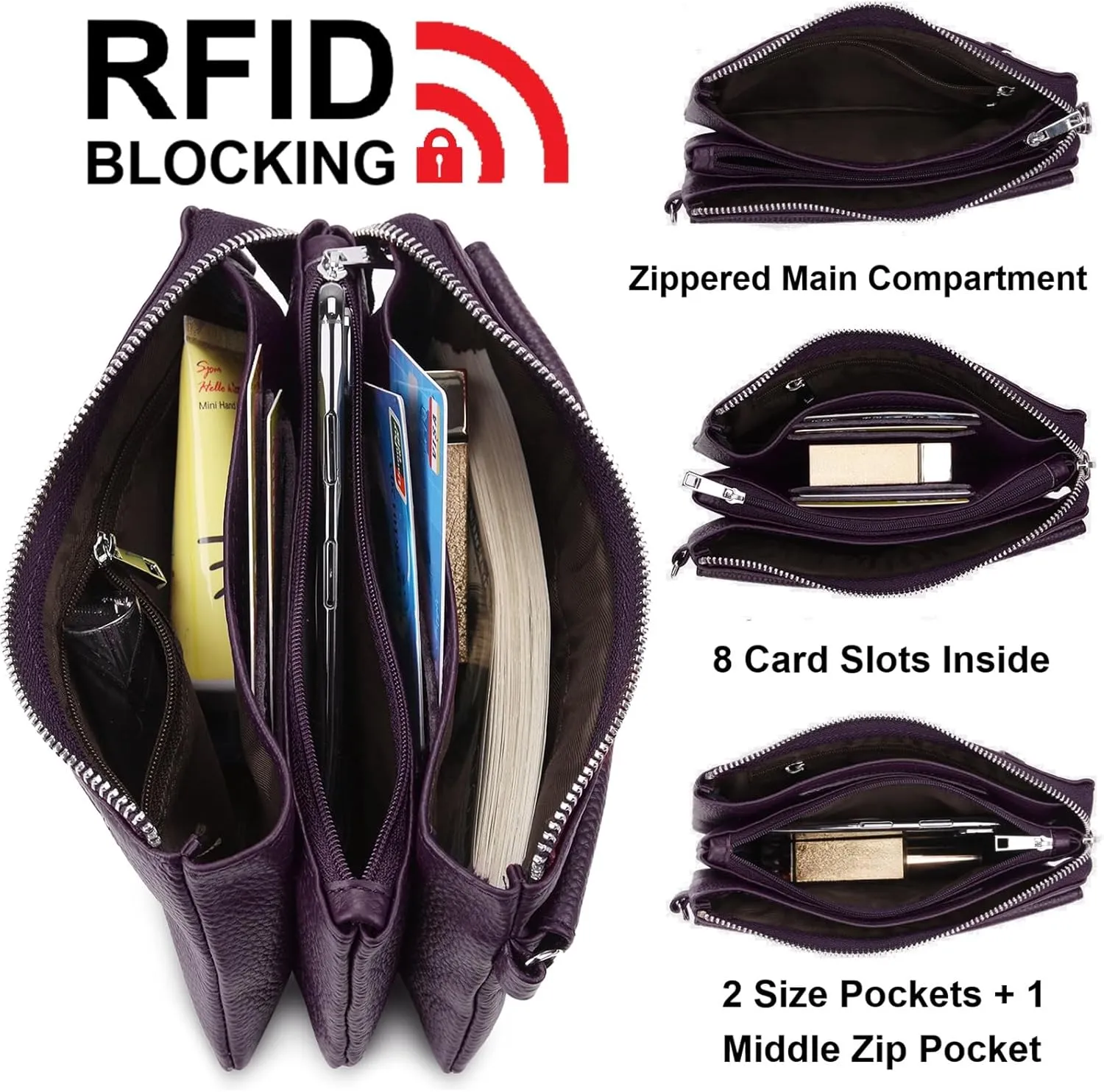 YALUXE Real Leather Wristlet Clutch Handbag Crossbody Bag Cellphone Purse RFID Blocking